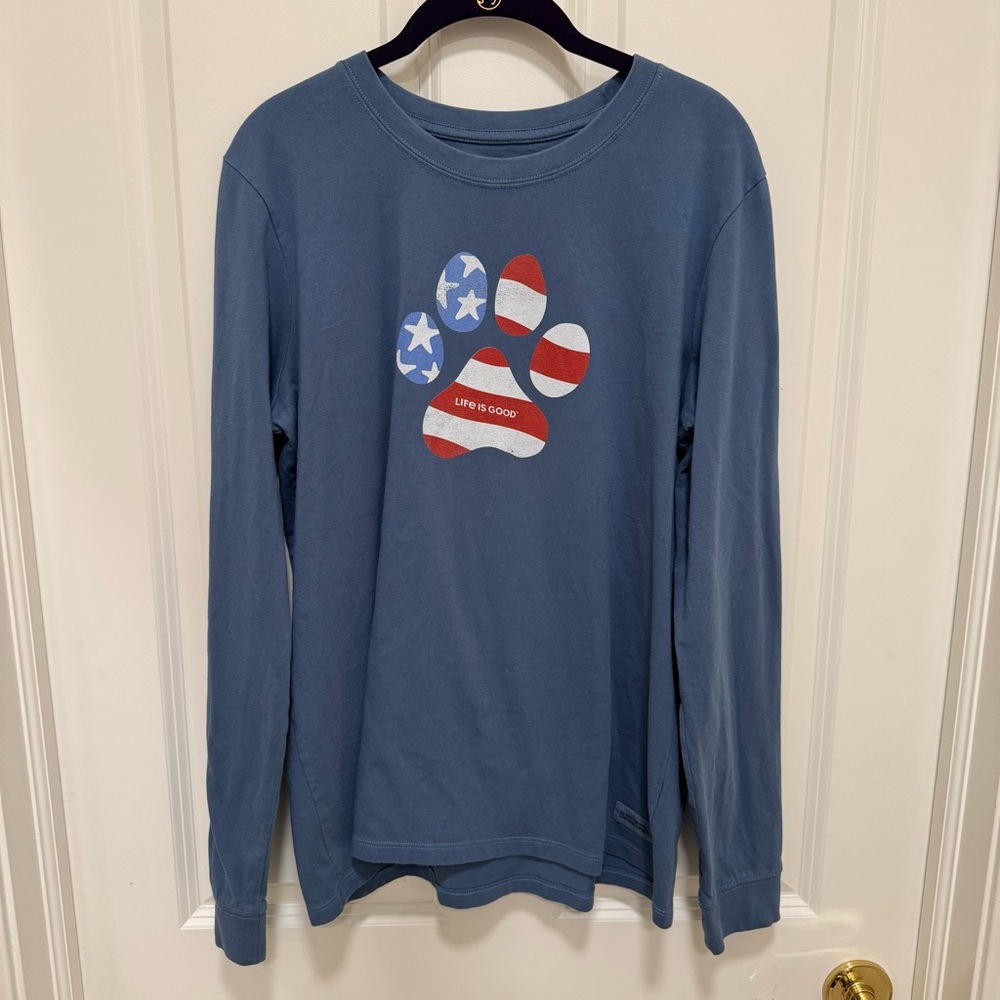 Life Is Good Blue Long Sleeve American Flag Paw Print T-Shirt, Women’s Large